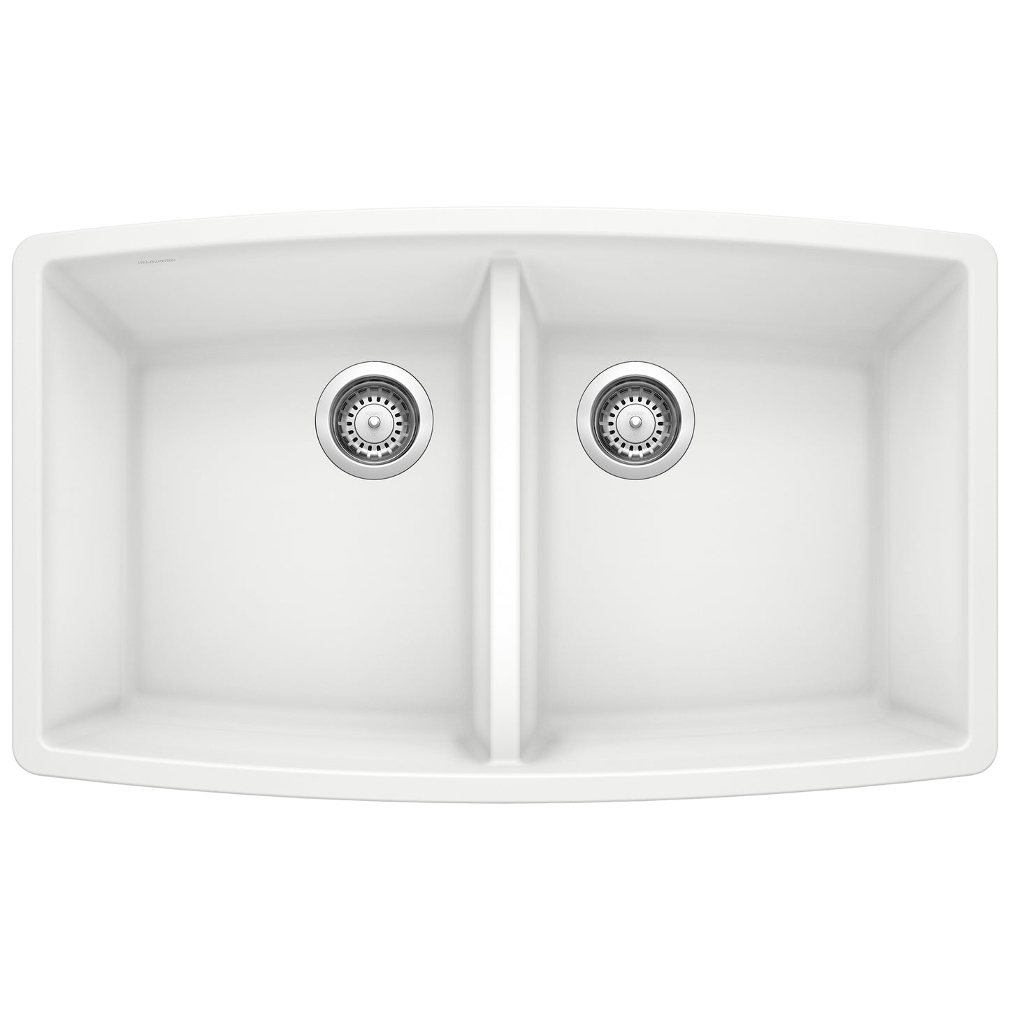 BLANCO Performa SILGRANIT 33" 50/50 Double Bowl Undermount Kitchen Sink in white with equal basins.