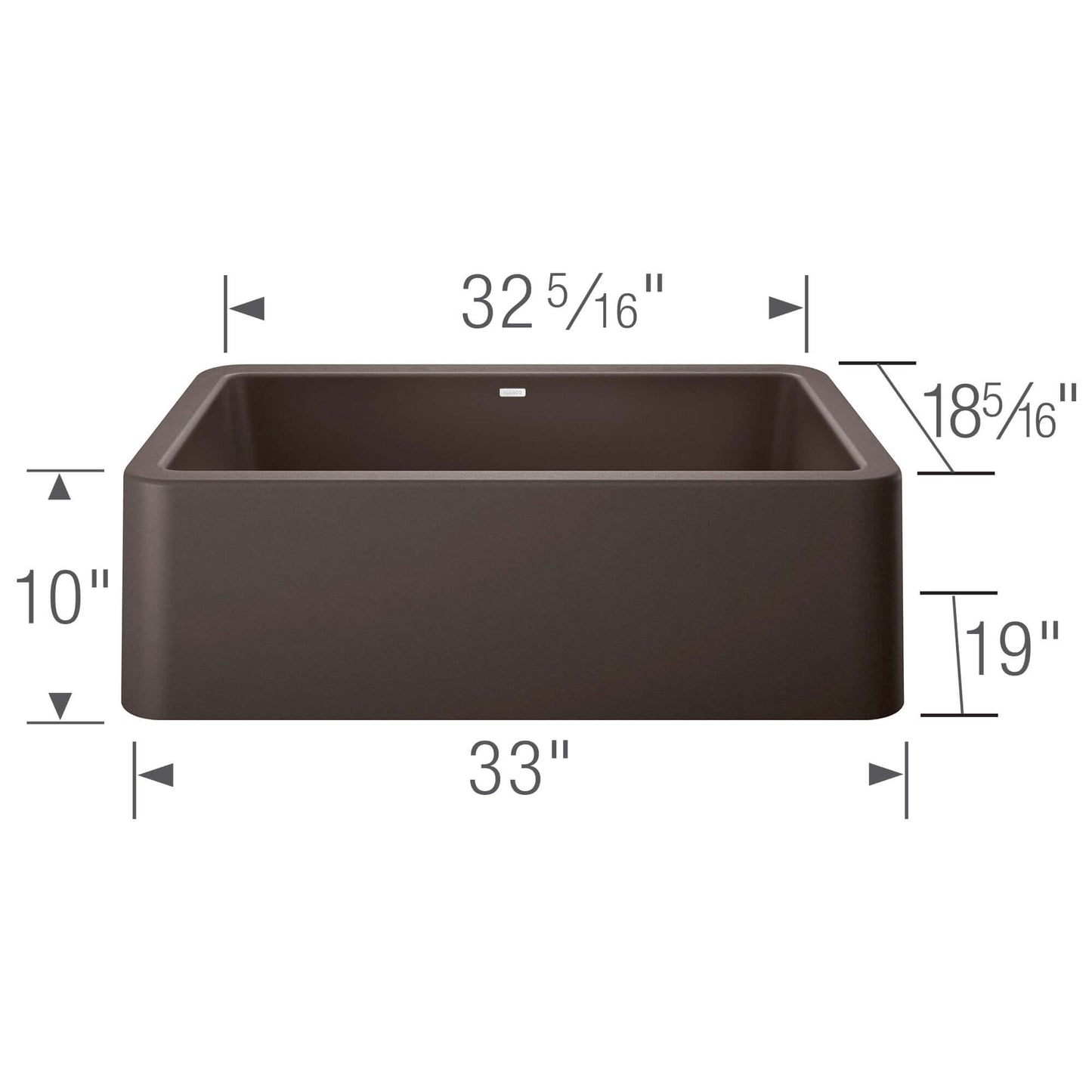 BLANCO Ikon SILGRANIT 33" Single Bowl Apron-Front Farmhouse Sink dimensions and specifications in a detailed graphic.