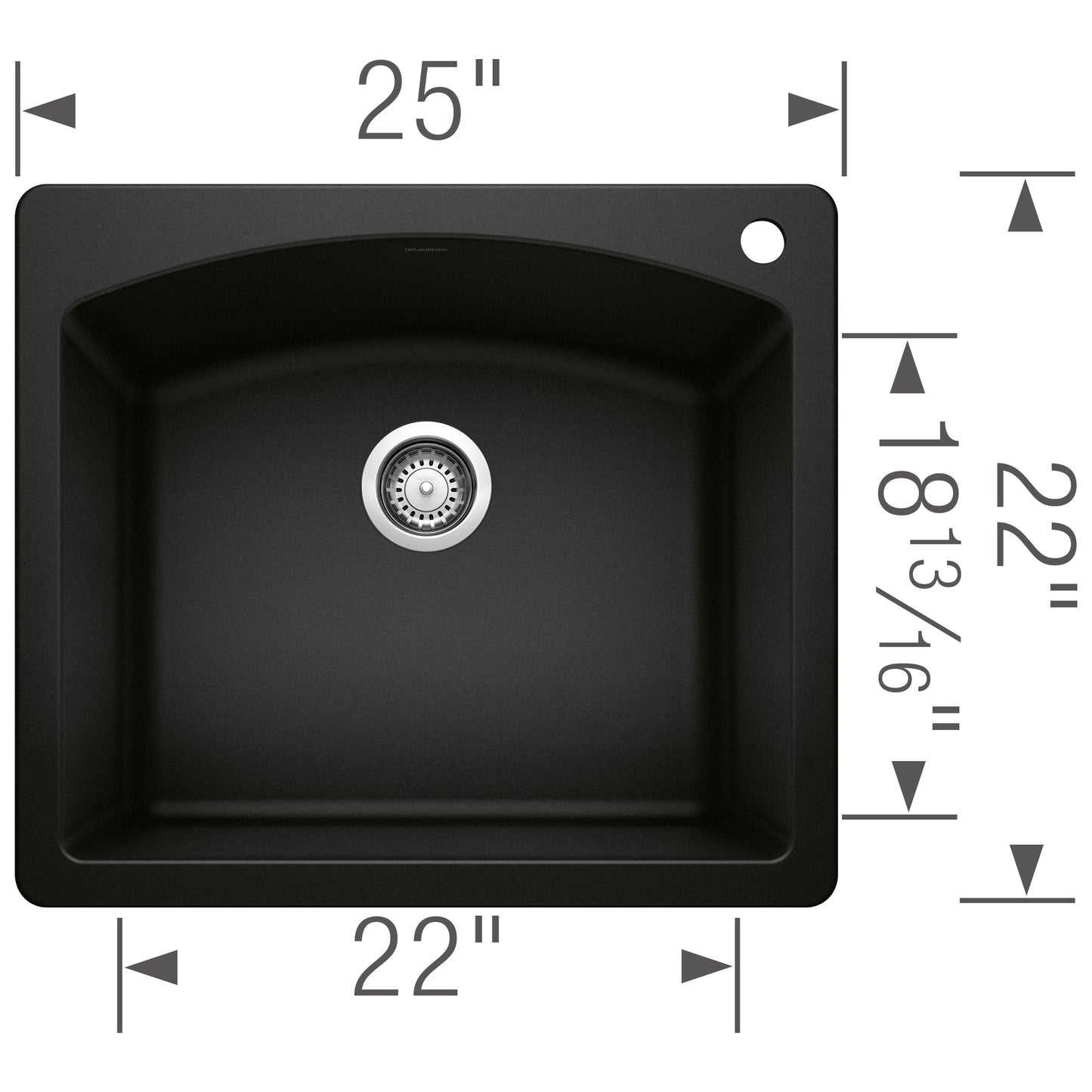 BLANCO Diamond SILGRANIT 25" Single Bowl Dual Mount Kitchen Sink dimensions and design layout.