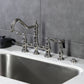 Kingston KS3277ALBS Restoration Bridge Kitchen Faucet with Brass Sprayer, Brushed Brass on kitchen counter.