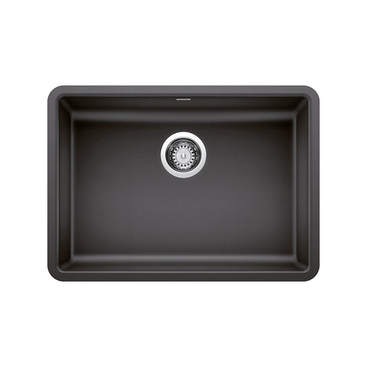 BLANCO Precis SILGRANIT 25" ADA Single Bowl Undermount Kitchen Sink top view showing its sleek design and drain.