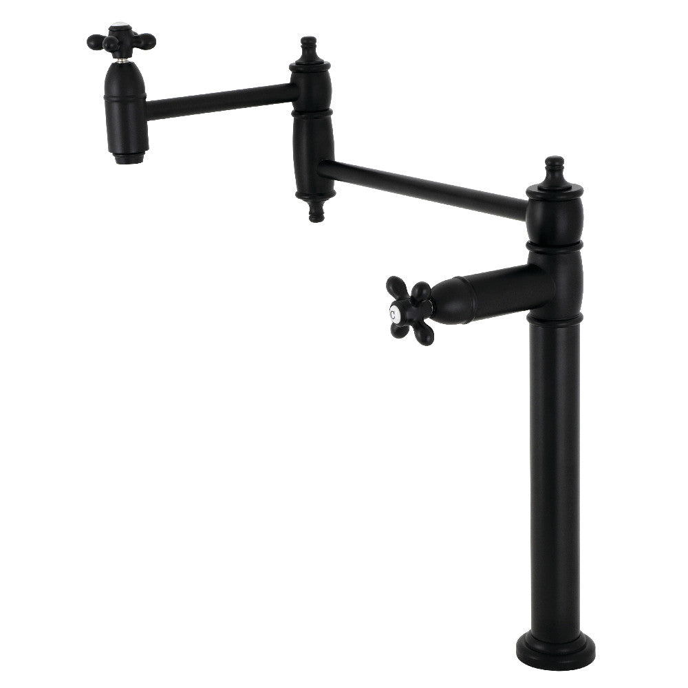 Kingston Brass KS3703AX Restoration Deck Mount Pot Filler Faucet, Antique Brass in matte black finish.