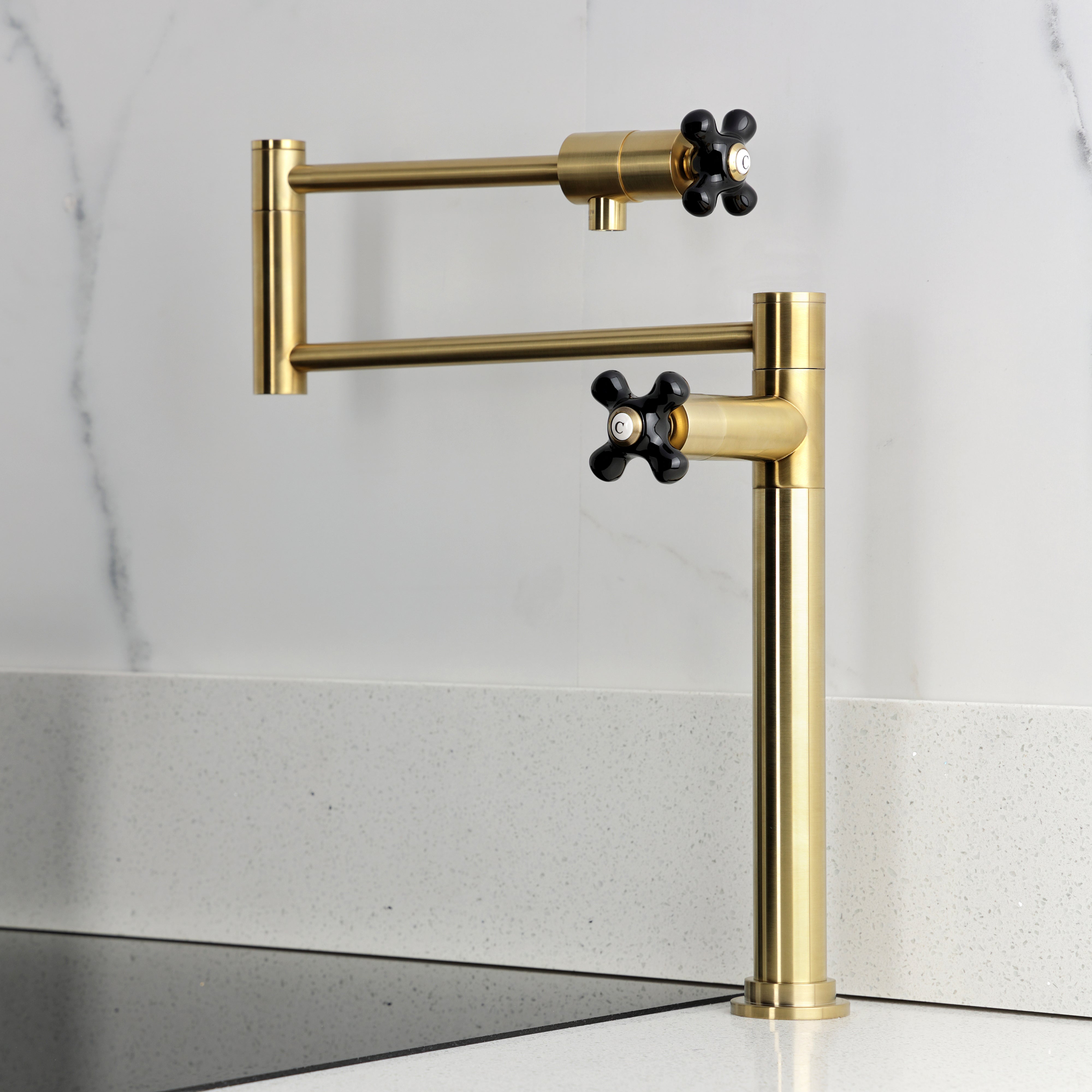 Kingston Brass KS4703PKX Duchess Deck Mount Pot Filler Faucet, Antique Brass with black porcelain handles