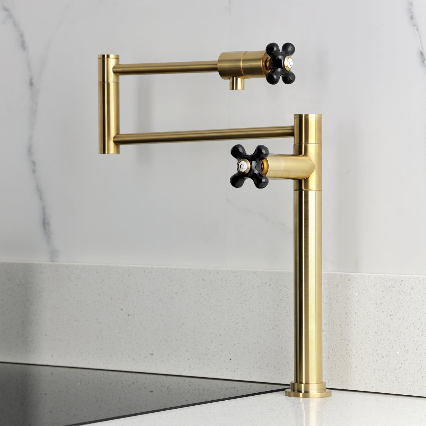 Kingston Brass KS4703PKX Duchess Deck Mount Pot Filler Faucet, Antique Brass with black porcelain handles