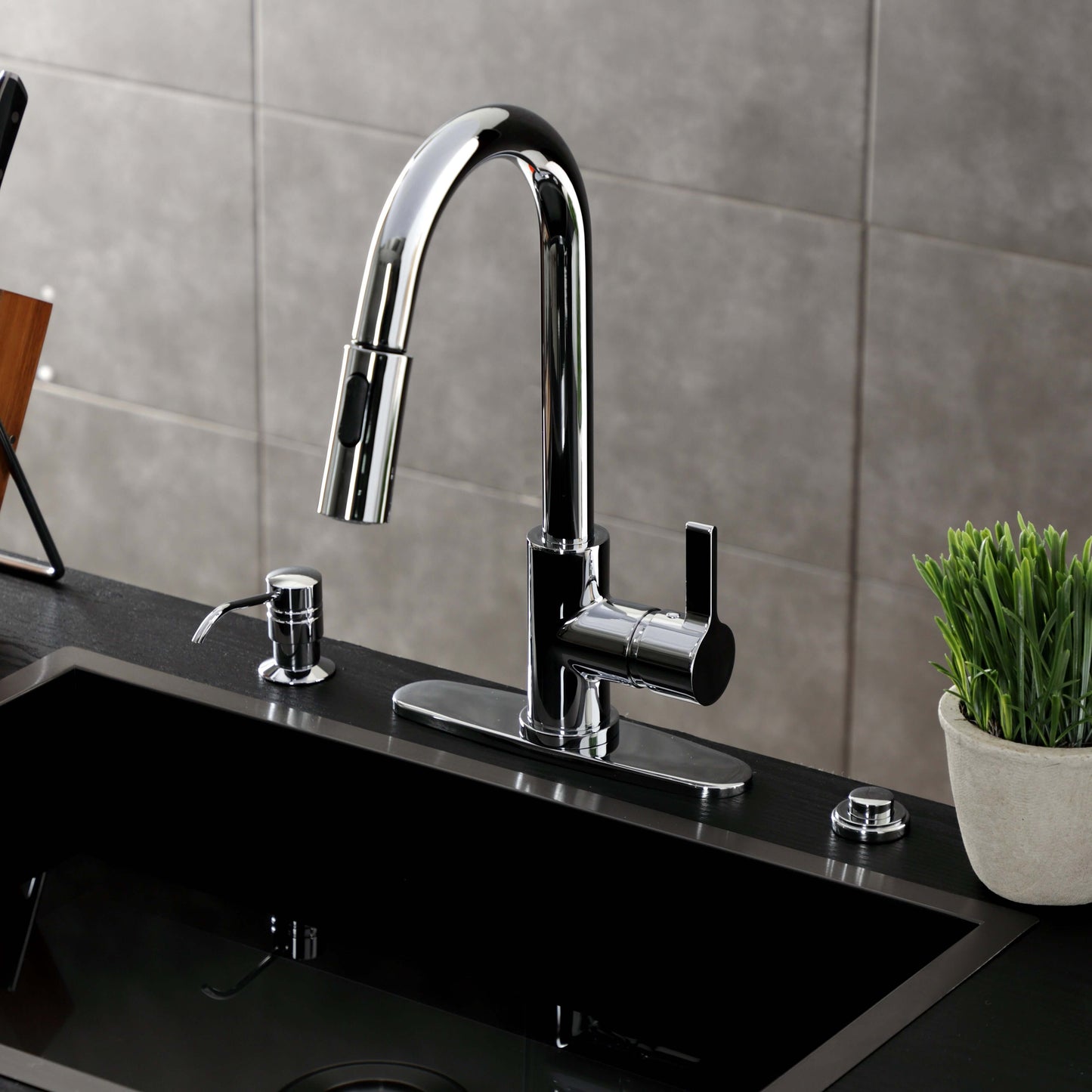 Kingston Brass LS8783CTL Continental Pull-Down Kitchen Faucet in a high-arc design with a single-handle, shown from above.