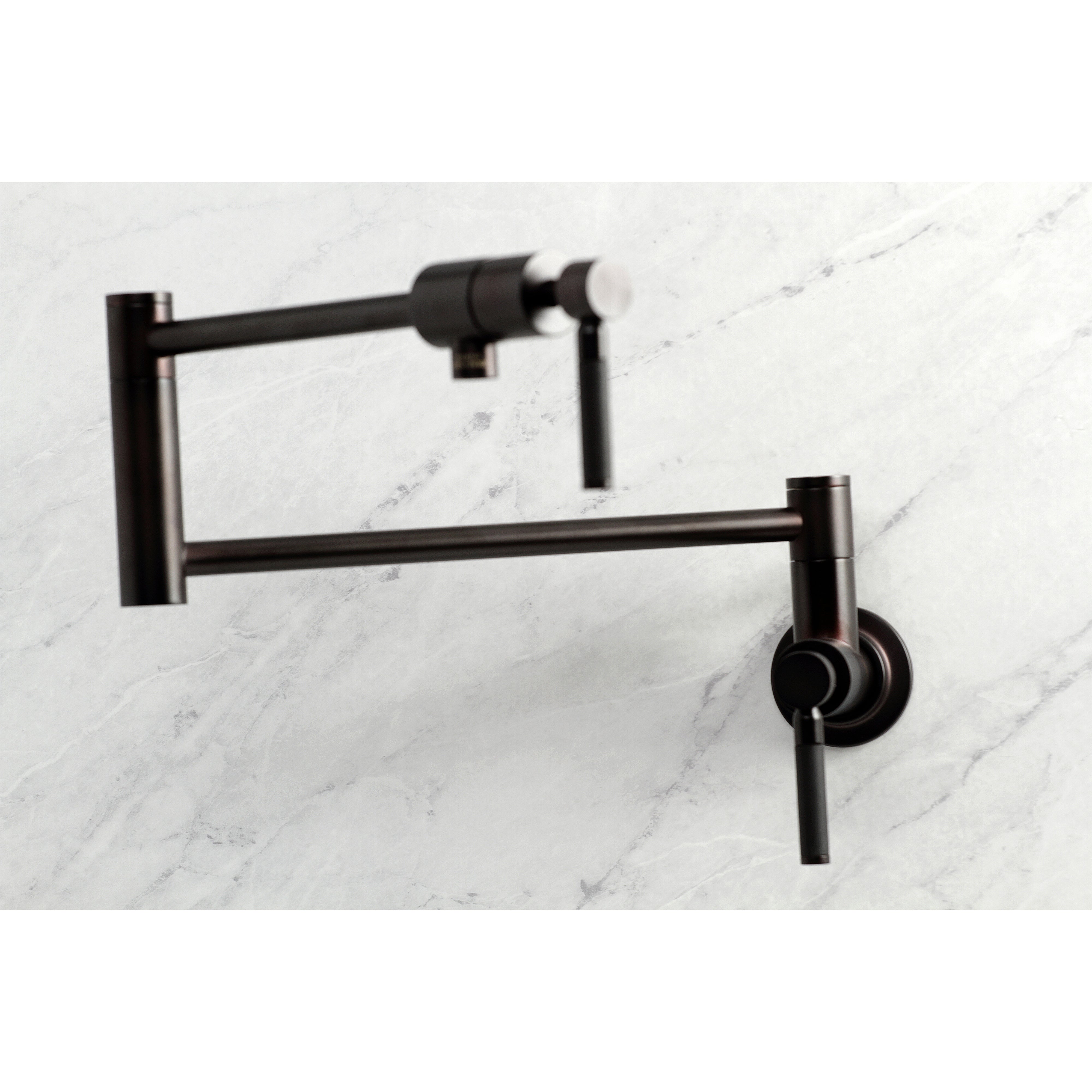 Kingston Brass KS4103DKL Kaiser Wall Mount Pot Filler Faucet, Antique Brass on marble background