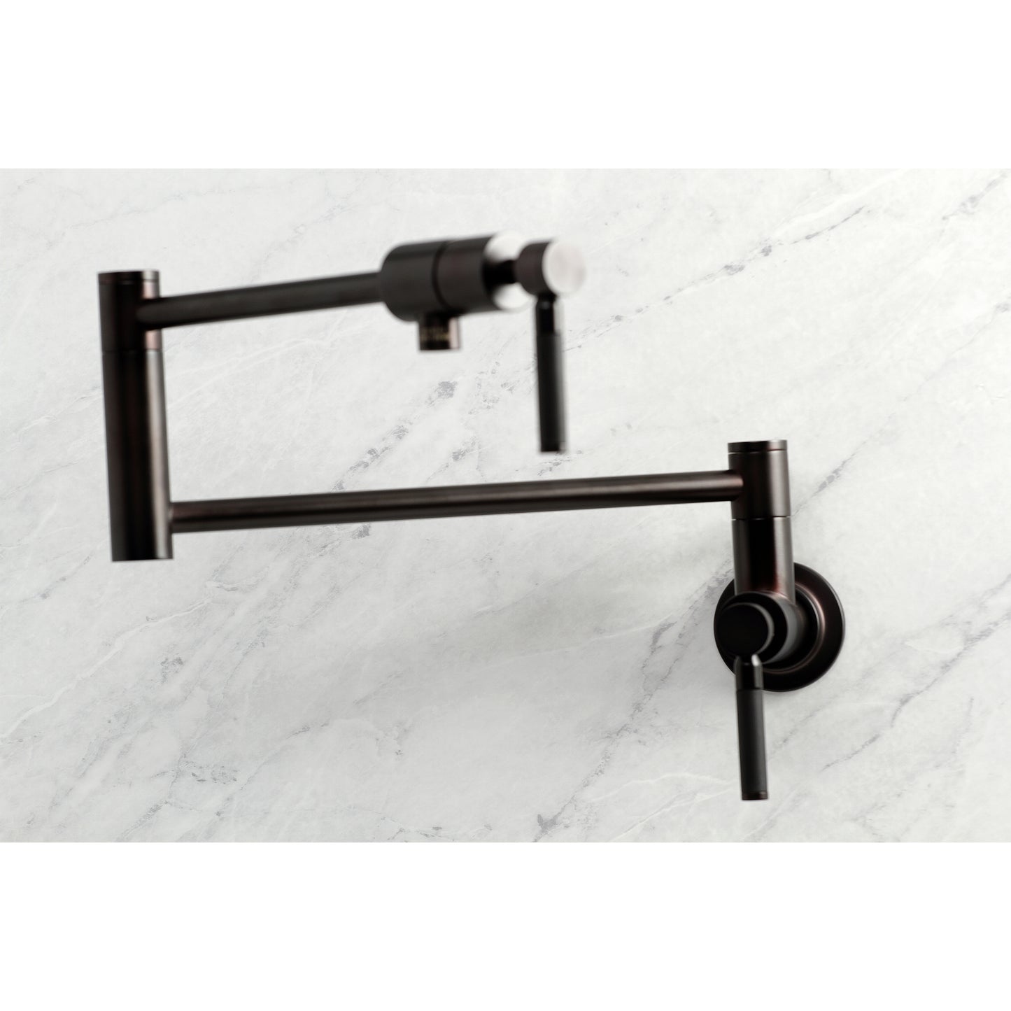 Kingston Brass KS4103DKL Kaiser Wall Mount Pot Filler Faucet, Antique Brass on marble background