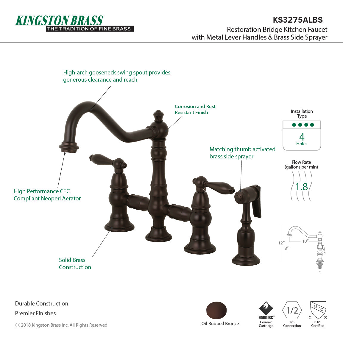 Kingston KS3277ALBS Restoration Bridge Kitchen Faucet with Brass Sprayer, Brushed Brass image showing gooseneck spout design and handles.