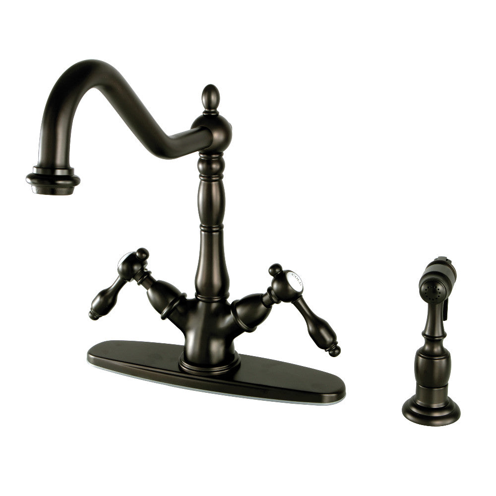 Kingston KS1238TALBS Tudor Two-Handle Kitchen Faucet with Brass Sprayer, Brushed Nickel in oil rubbed bronze finish