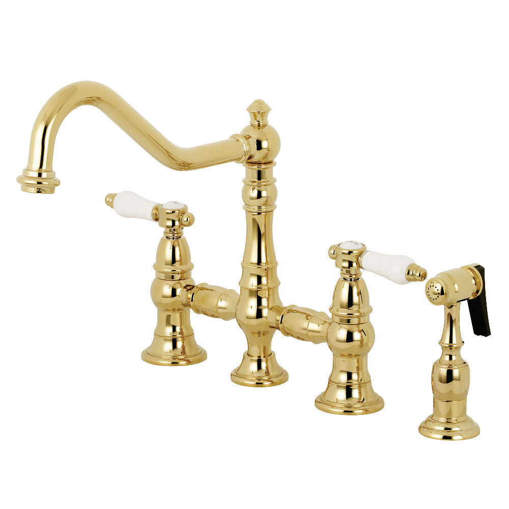 Kingston KS3277BPLBS Bel-Air Bridge Kitchen Faucet with Brass Sprayer, Brushed Brass in polished brass finish