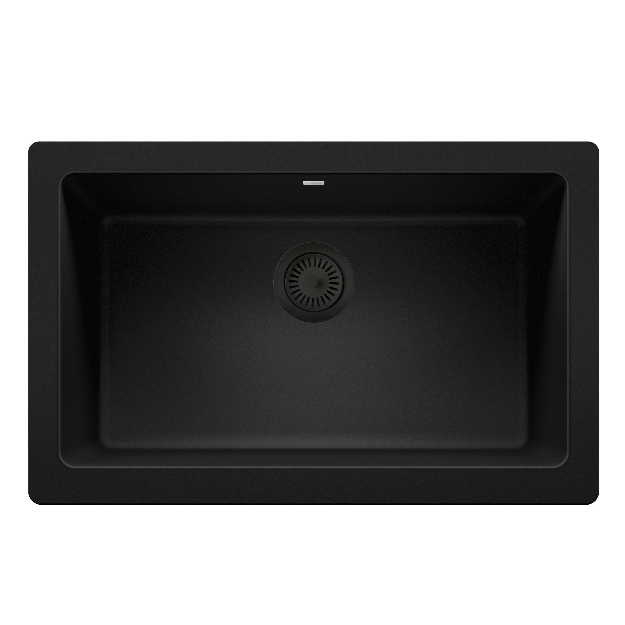Color-Coordinated Metal Basket Strainer - Anthracite in a black sink complementing BLANCO SILGRANIT kitchen sinks.