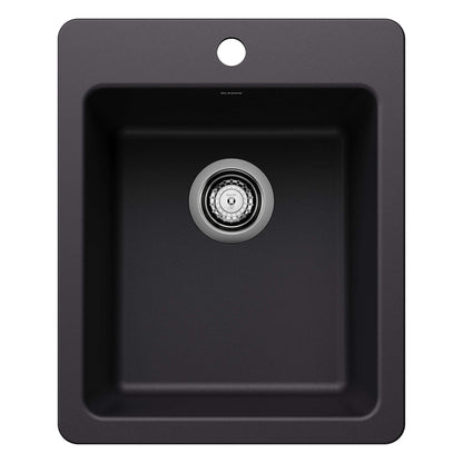 BLANCO Liven SILGRANIT 17" Dual Mount Bar Sink black finish top view with drain and hole for faucet.