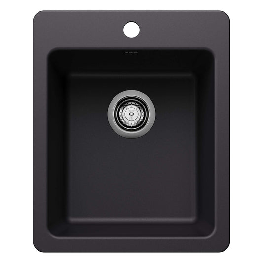 BLANCO Liven SILGRANIT 17" Dual Mount Bar Sink black finish top view with drain and hole for faucet.