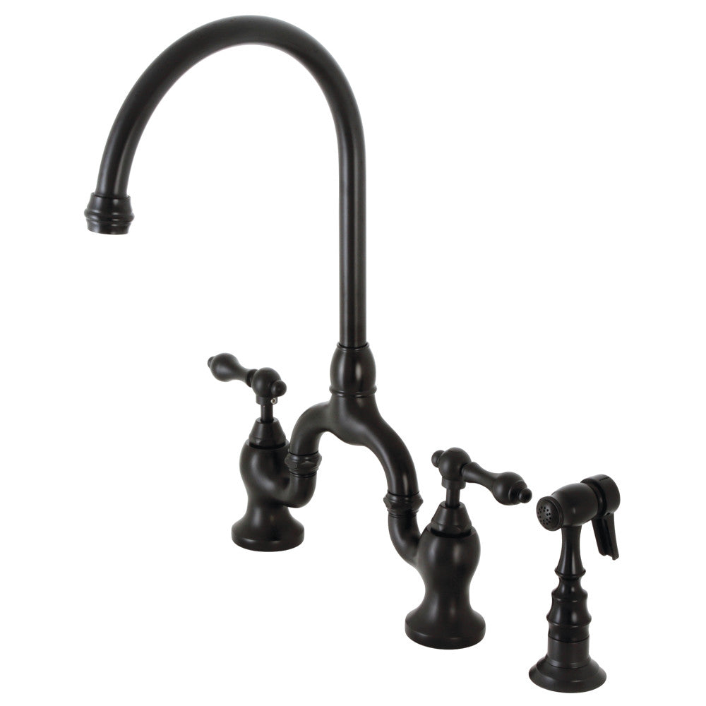 Kingston KS7793ALBS English Country Bridge Kitchen Faucet with Brass Sprayer, Antique Brass in Matte Black finish