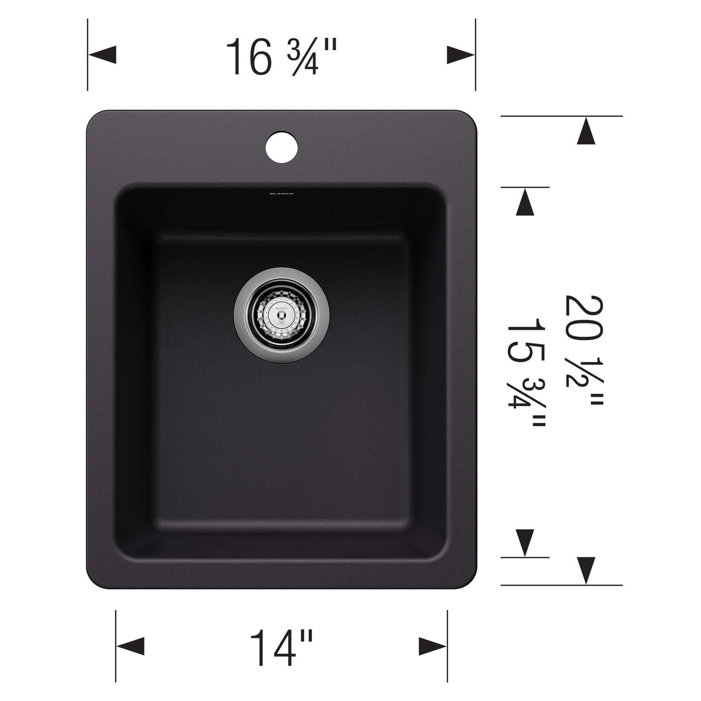 BLANCO Liven SILGRANIT 17" Dual Mount Bar Sink dimensions showing depth and width for compact spaces.