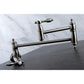 Kingston Brass KS3103TAL Tudor Wall Mount Pot Filler Faucet, Antique Brass close-up view on a kitchen countertop.