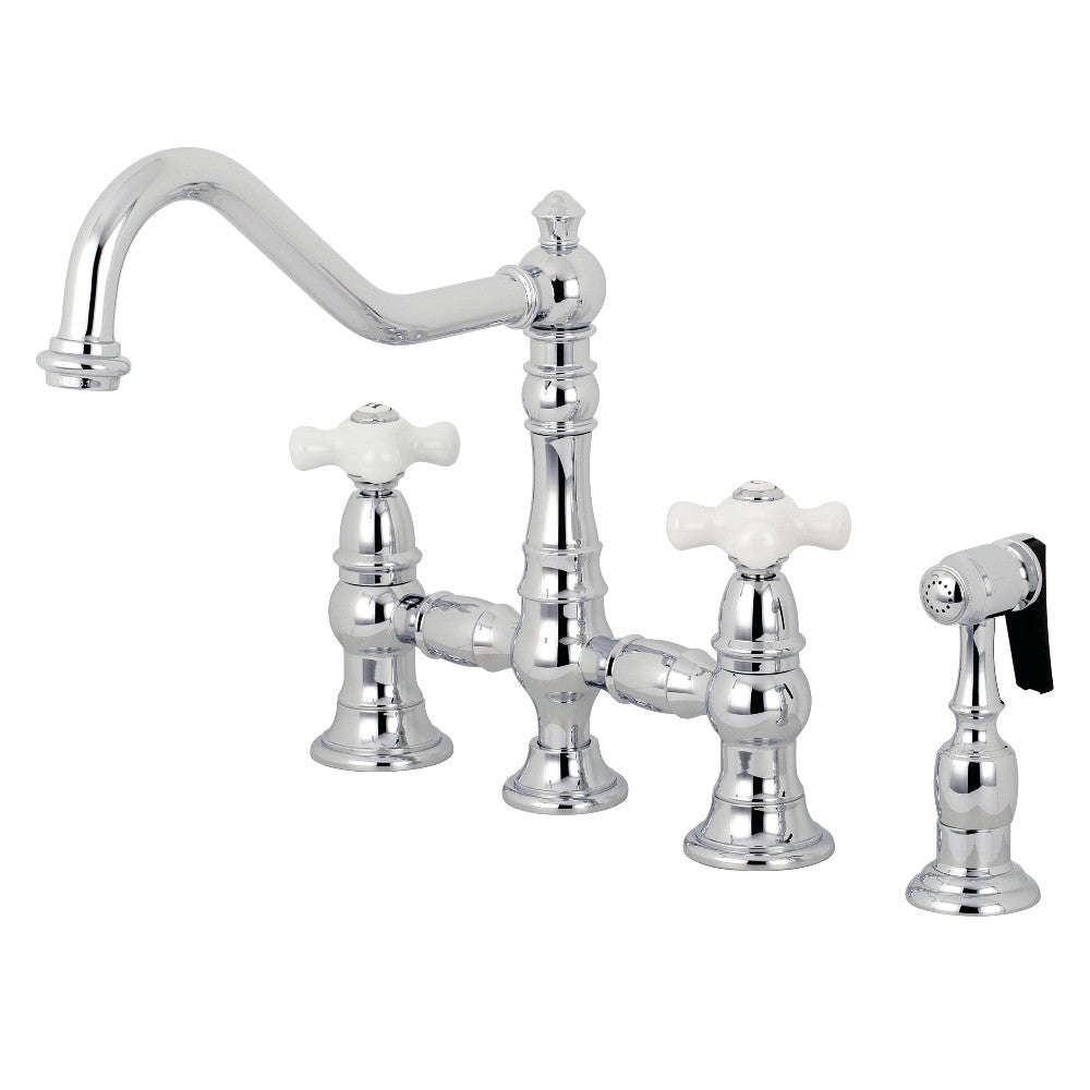 Kingston KS3277PXBS Restoration Bridge Kitchen Faucet with Brass Sprayer, Brushed Brass