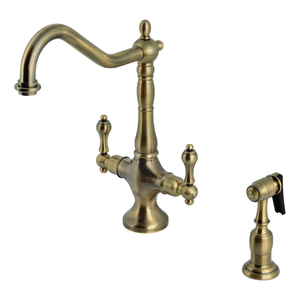Kingston Brass KS1773ALBS Heritage Two-Handle Single-Hole Kitchen Faucet with Brass Sprayer, Antique Brass