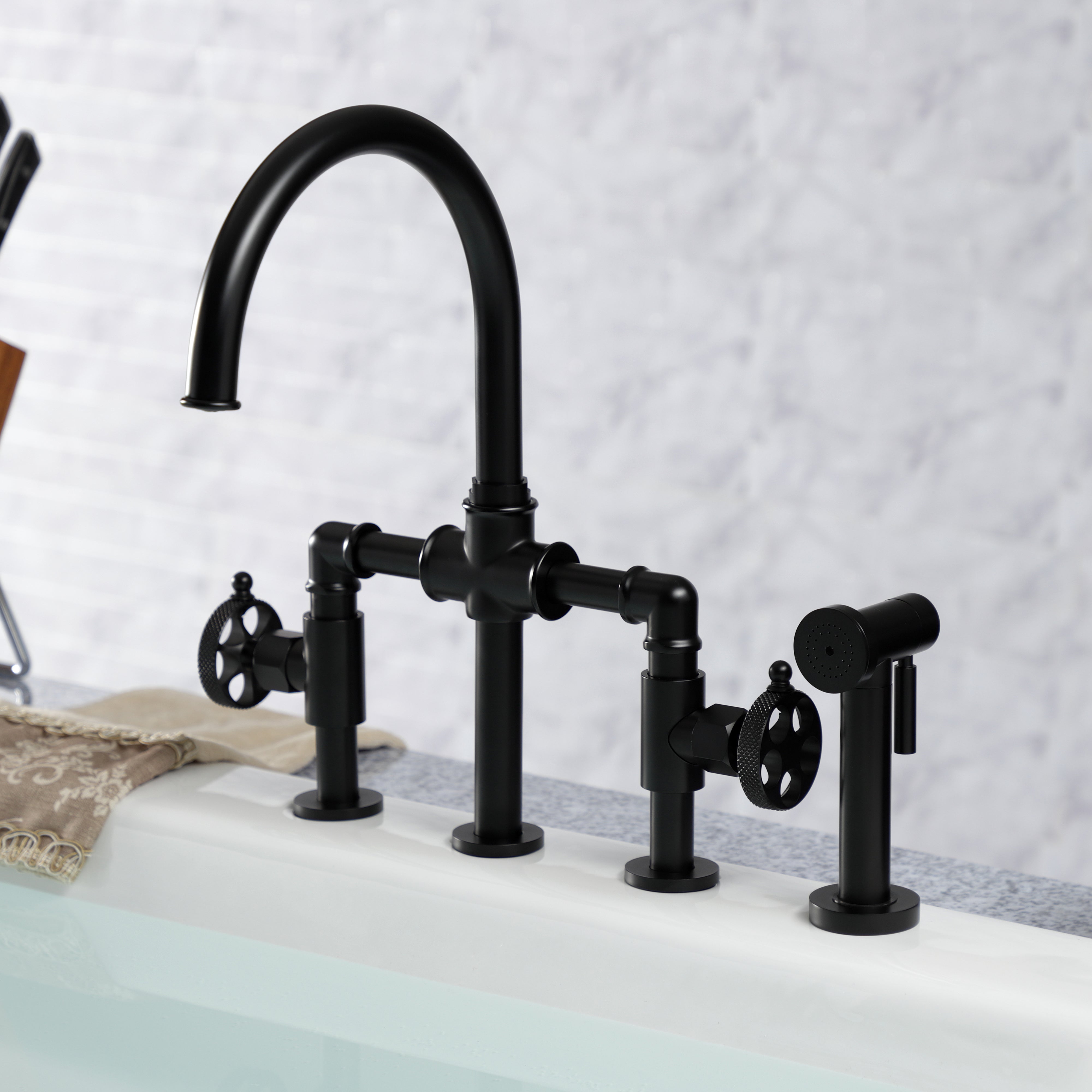 Kingston KS2333RKX Webb Knurled Handle Bridge Kitchen Faucet with Brass Sprayer, Antique Brass