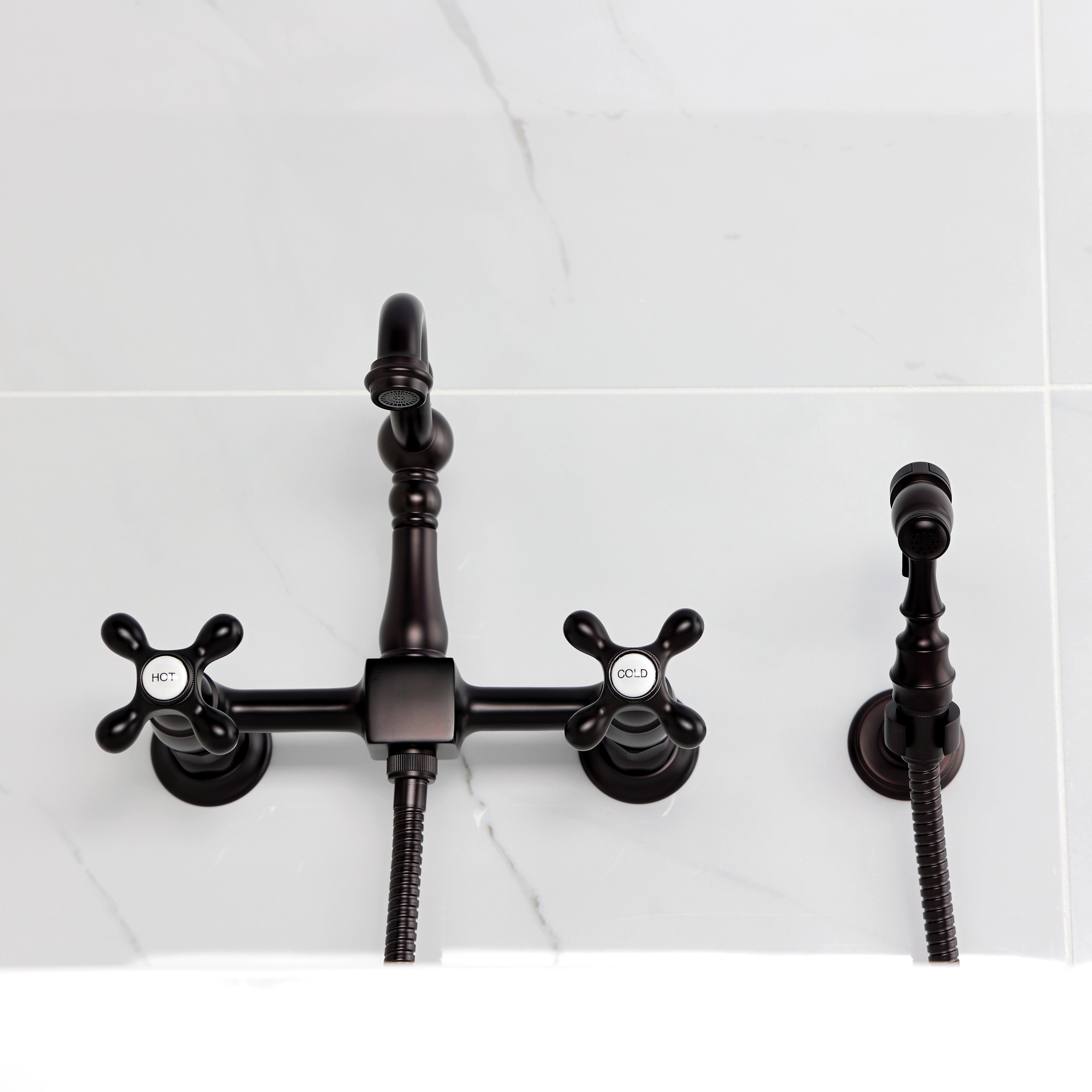 Kingston KS2443AXBS Heritage Two-Handle Wall Mount Bridge Kitchen Faucet with Brass Sprayer, Antique Brass