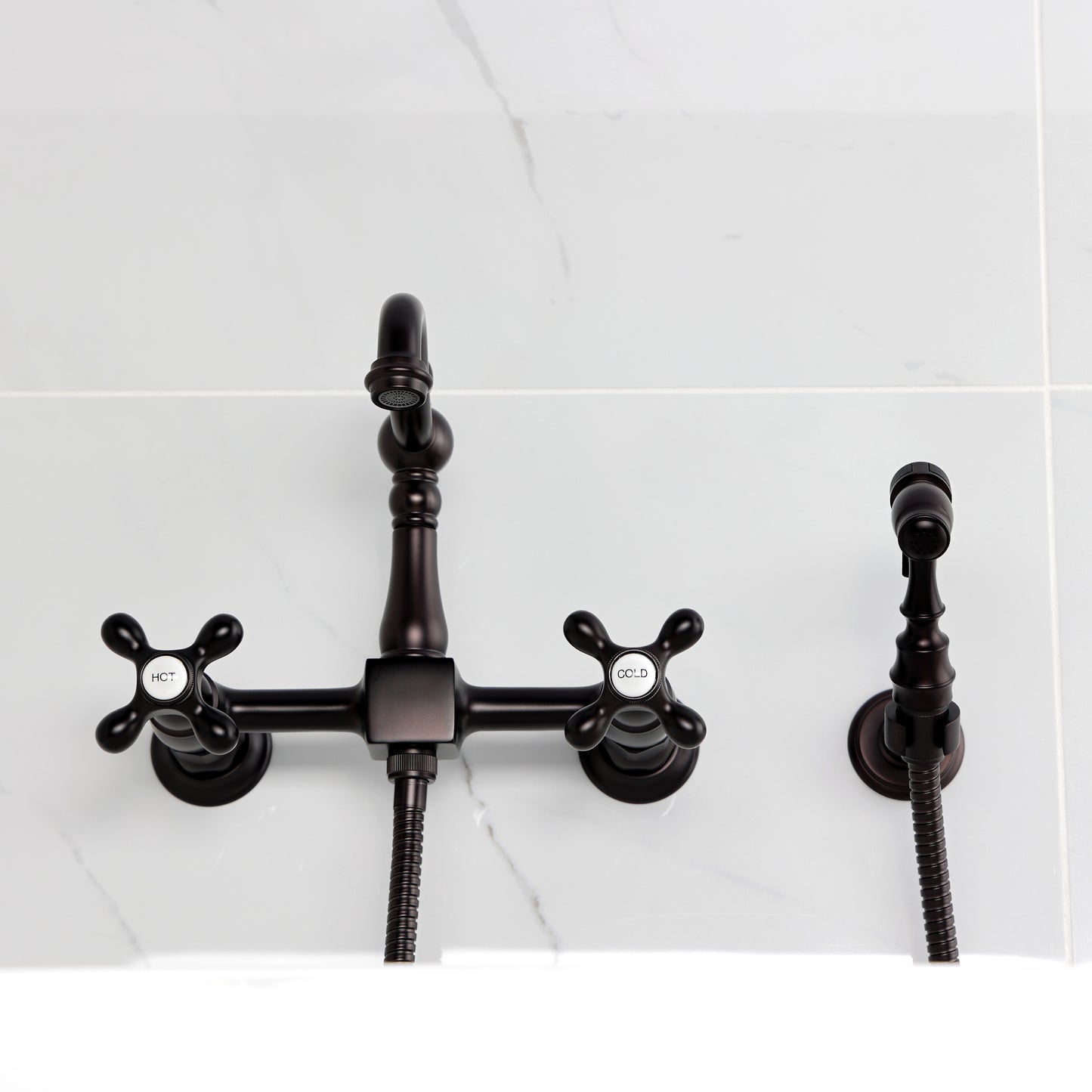 Kingston KS2443AXBS Heritage Two-Handle Wall Mount Bridge Kitchen Faucet with Brass Sprayer, Antique Brass