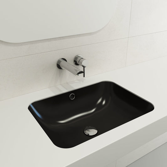 BOCCHI SCALA 21.75" Undermount Sink Fireclay With Overflow in black finish, integrated into modern bathroom countertop.