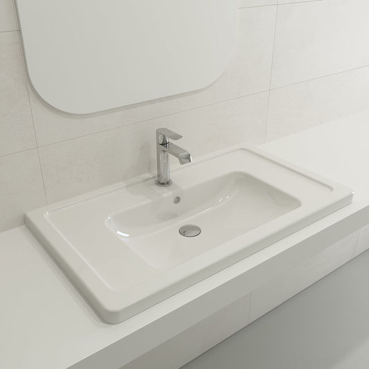 BOCCHI TAORMINA 33.75" Wall-Mounted Sink Basin Fireclay 1-Hole With Overflow in white color and elegant design.