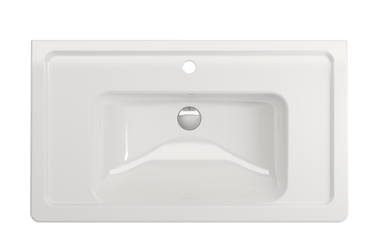 BOCCHI TAORMINA 33.75" Wall-Mounted Sink Basin Fireclay 1-Hole With Overflow in white, top view.