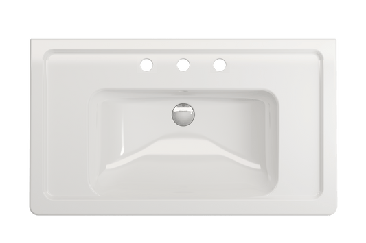 BOCCHI TAORMINA 33.75" Wall-Mounted Sink Basin Fireclay 3-Hole With Overflow top view, white finish, elegant design.