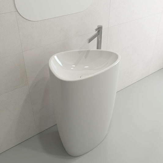 BOCCHI ETNA 33.75" Monoblock Pedestal Sink Fireclay With Matching Drain Cover in a modern bathroom setting.