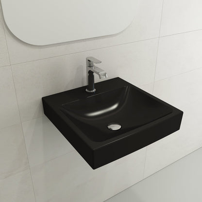 BOCCHI SCALA ARCH 19" Wall-Mounted Sink Fireclay 1-Hole in sleek black finish mounted on bathroom wall.