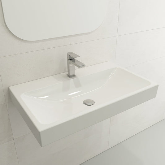 BOCCHI SCALA ARCH 32" Wall-Mounted Sink Fireclay 1-Hole with modern faucet in minimalist bathroom design.