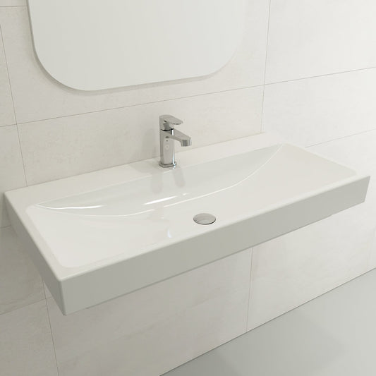 BOCCHI SCALA ARCH 39.75" Wall-Mounted Sink Fireclay 1-Hole on modern bathroom wall.