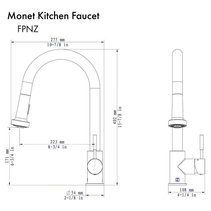 ZLINE Monet Kitchen Faucet technical drawing with dimensions and specifications.