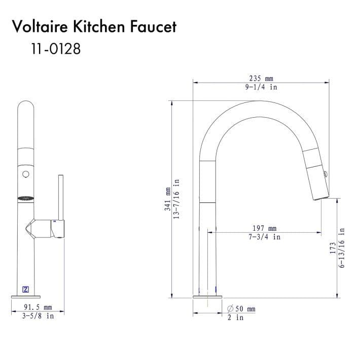 ZLINE Voltaire Chrome Streamlined Kitchen Faucet VLT-KF-CH technical drawing dimensions