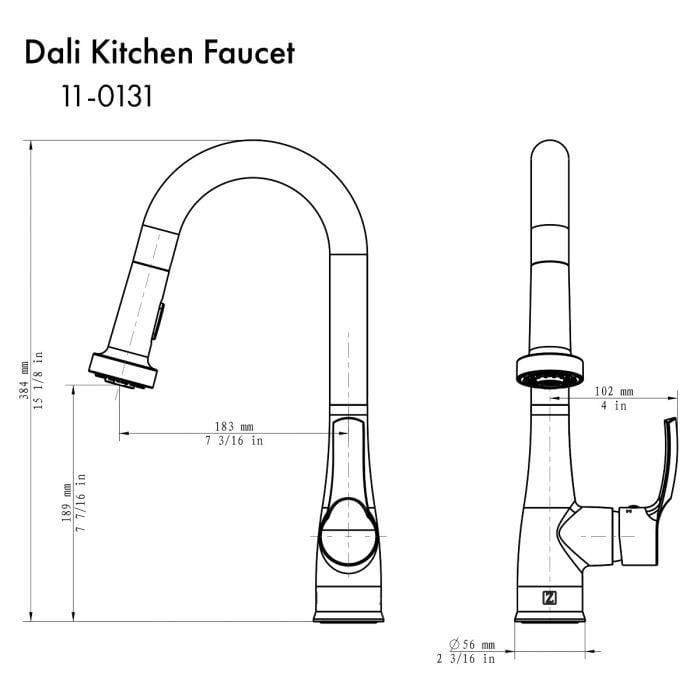 ZLINE Dali Kitchen Faucet technical drawing with dimensions and specifications.