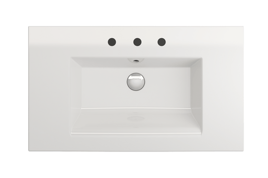 BOCCHI RAVENNA 32.25" Wall-Mounted Sink Fireclay 3-Hole With Overflow top view showing basin and tap holes.