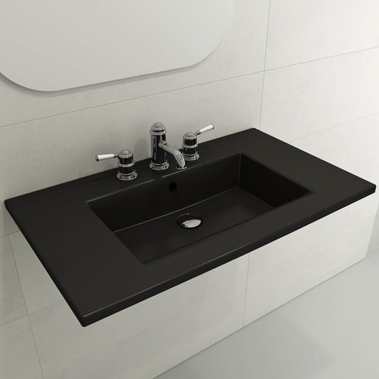BOCCHI RAVENNA 32.25" Wall-Mounted Sink Fireclay 1-Hole With Overflow in sleek black design.