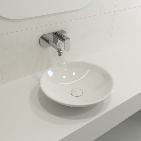 BOCCHI VENEZIA 15.75" Vessel Fireclay With Matching Drain Cover displayed on a modern countertop.