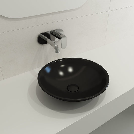 BOCCHI VENEZIA 15.75" Vessel Fireclay With Matching Drain Cover in black finish on modern countertop.