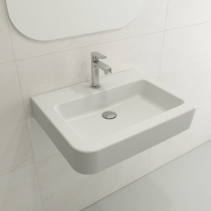 BOCCHI PARMA 25.5" Wall-Mounted Sink Fireclay 1-Hole With Overflow mounted on bathroom wall.
