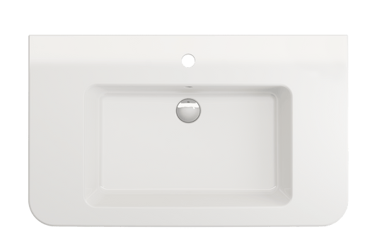 BOCCHI PARMA 33.5" Wall-Mounted Sink Fireclay 1-Hole With Overflow - top view showing design and overflow feature.