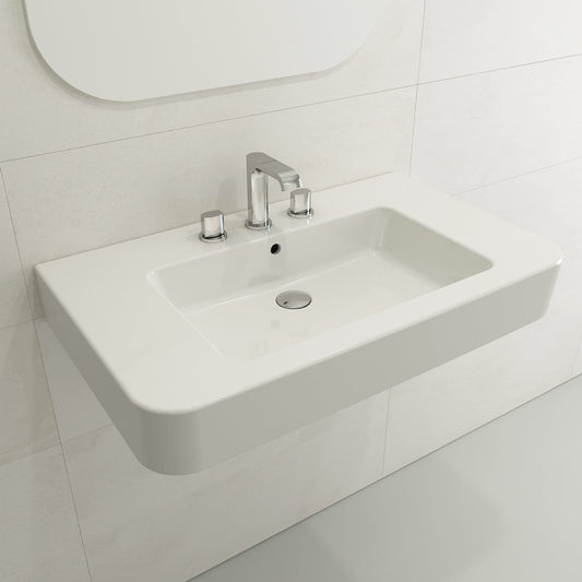 BOCCHI PARMA 33.5" Wall-Mounted Sink Fireclay 3-Hole With Overflow installed in modern bathroom design.