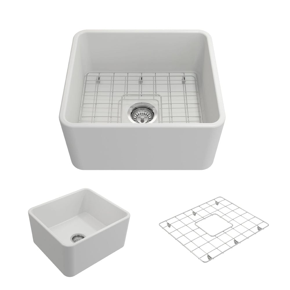 Top view of BOCCHI CLASSICO 20" Fireclay Farmhouse Single Bowl Kitchen Sink with Protective Bottom Grid and Strainer in white.