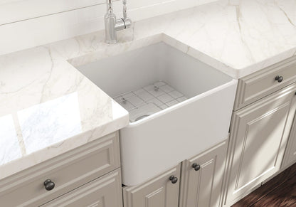 BOCCHI CLASSICO 20" Fireclay Farmhouse Single Bowl Kitchen Sink with Protective Bottom Grid and Strainer, top view, matte white finish.