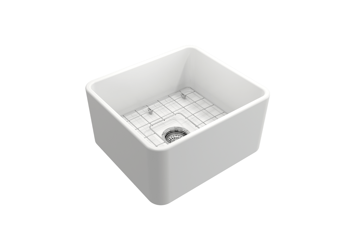 BOCCHI CLASSICO 20" Fireclay Farmhouse Single Bowl Kitchen Sink with Protective Bottom Grid and Strainer, right side view, white finish.