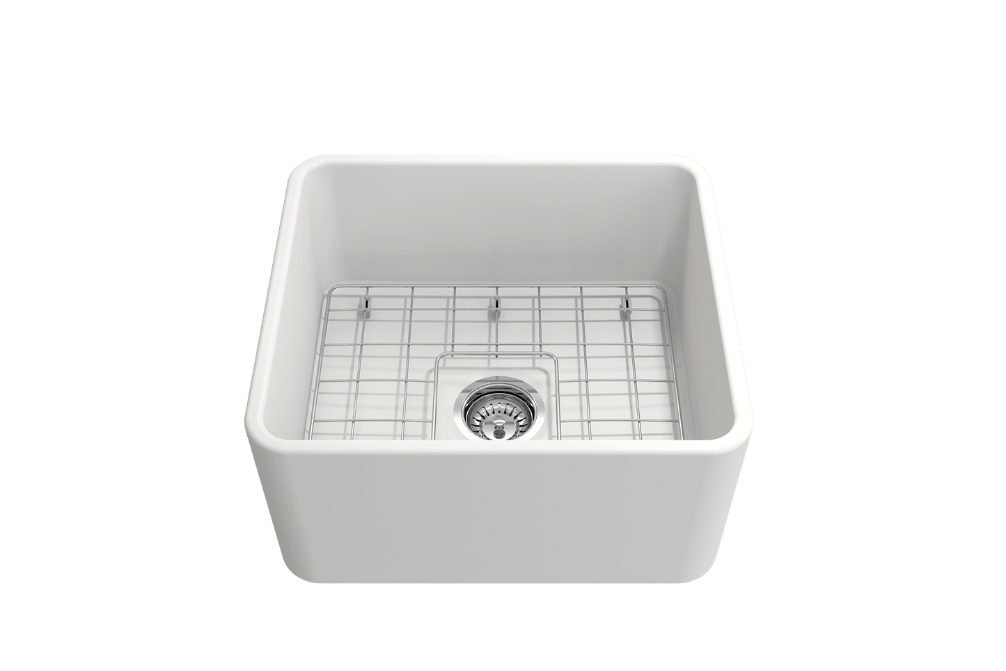 Top view of BOCCHI CLASSICO 20" Fireclay Farmhouse Single Bowl Kitchen Sink with Protective Bottom Grid and Strainer in white.