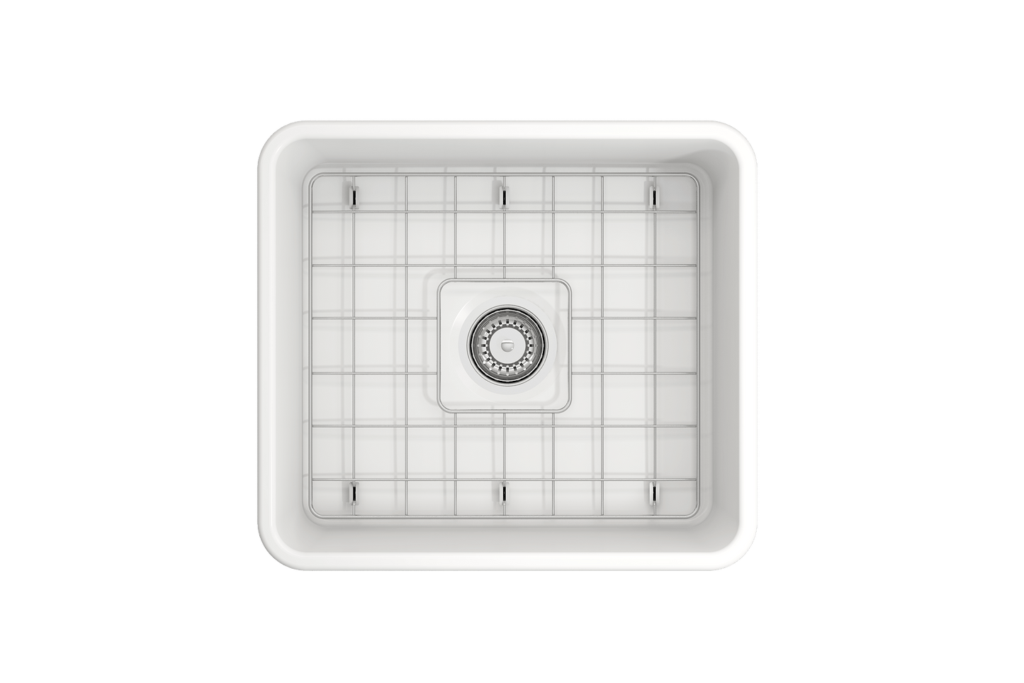 Top view of BOCCHI CLASSICO 20" Fireclay Farmhouse Single Bowl Kitchen Sink with Protective Bottom Grid and Strainer.