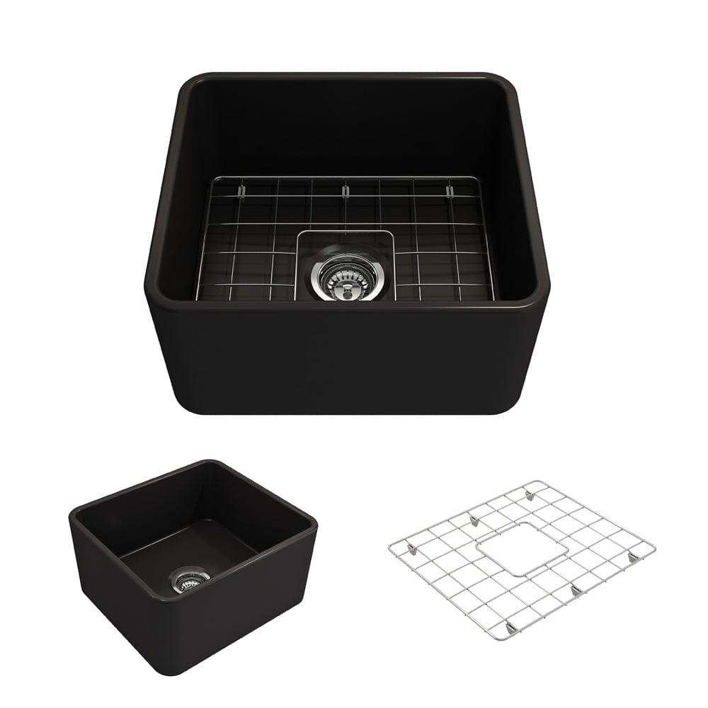 BOCCHI CLASSICO 20" Fireclay Farmhouse Single Bowl Kitchen Sink with Protective Bottom Grid and Strainer in black finish, top view.