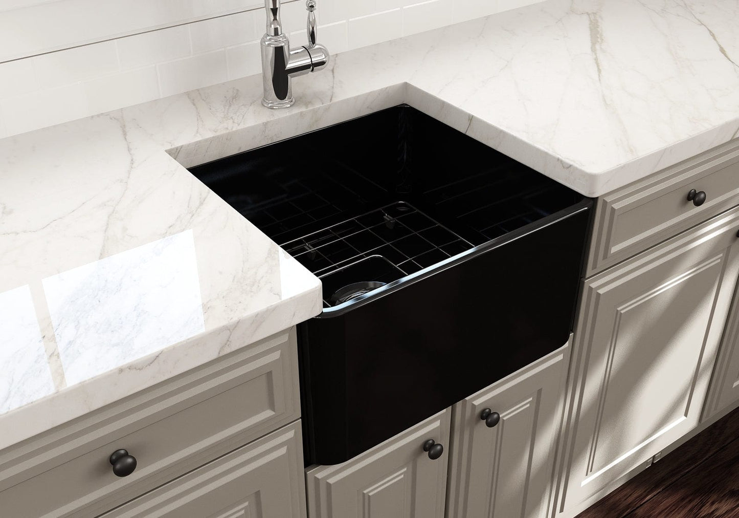 BOCCHI CLASSICO 20" Fireclay Farmhouse Single Bowl Kitchen Sink with Protective Bottom Grid and Strainer in Matte Black finish, top view.